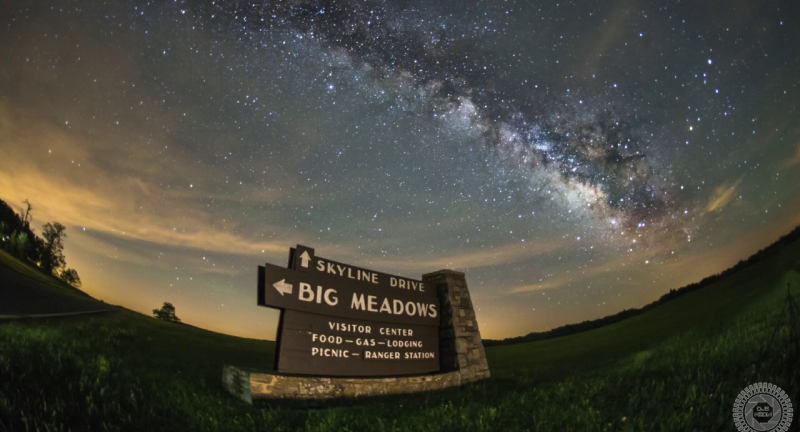 Sign on the way to Big Meadows with view of the Milky Way